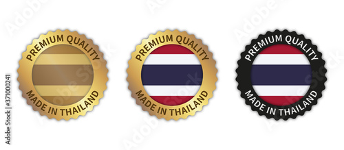 Set of 3 "Made in Thailand" vector icons. Illustration with transparent background. Country flag encircled with gold/black stamp. Sticker/logo for product/website.
