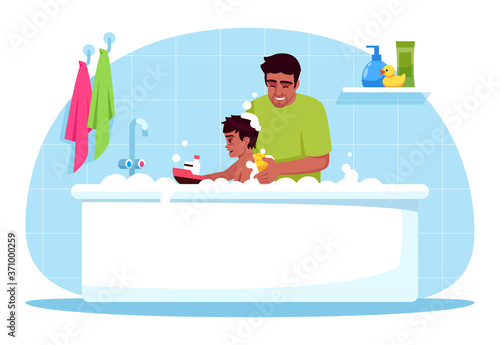 Father washes son semi flat RGB color vector illustration. Family time. Daddy give baby bubble bath. Child care and hygiene. Dad with toddler isolated cartoon character on blue background