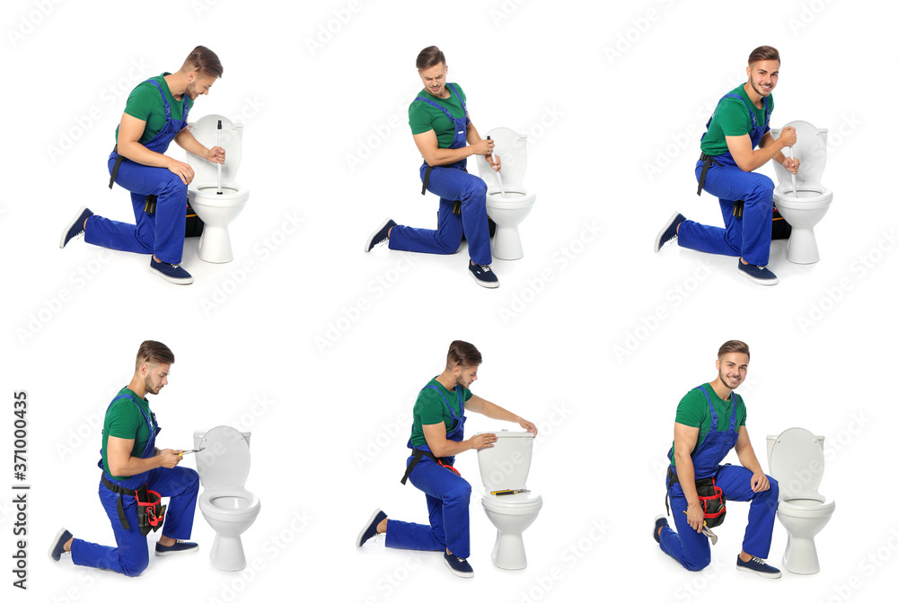 Collage with photos of plumber on white background Collage with photos of plumber on white background
