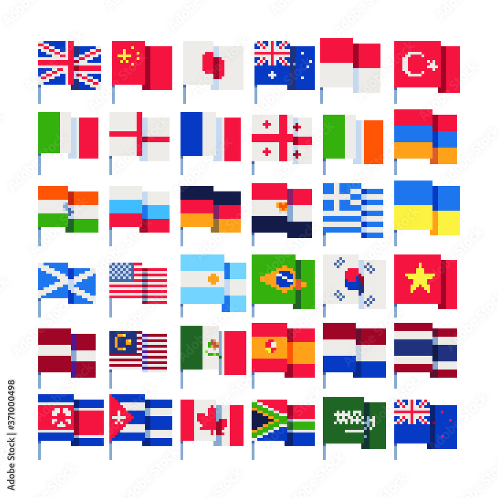 Flags of different countries on stick, pixel art icons set, China