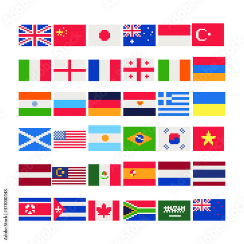 Flags of different countries, pixel art icons set, China, Germany, Russia, USA, Italy,  England, Korea, Japan, Canada, Australia, Netherlands, isolated vector illustration. 8-bit. Design for sticker.
