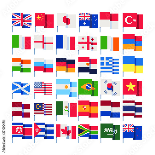 Flags of different countries on stick, pixel art icons set, China, Germany, Russia, USA, Italy,  England, Korea, Japan, Netherlands, isolated vector illustration. 8-bit. Design for stickers, app.
