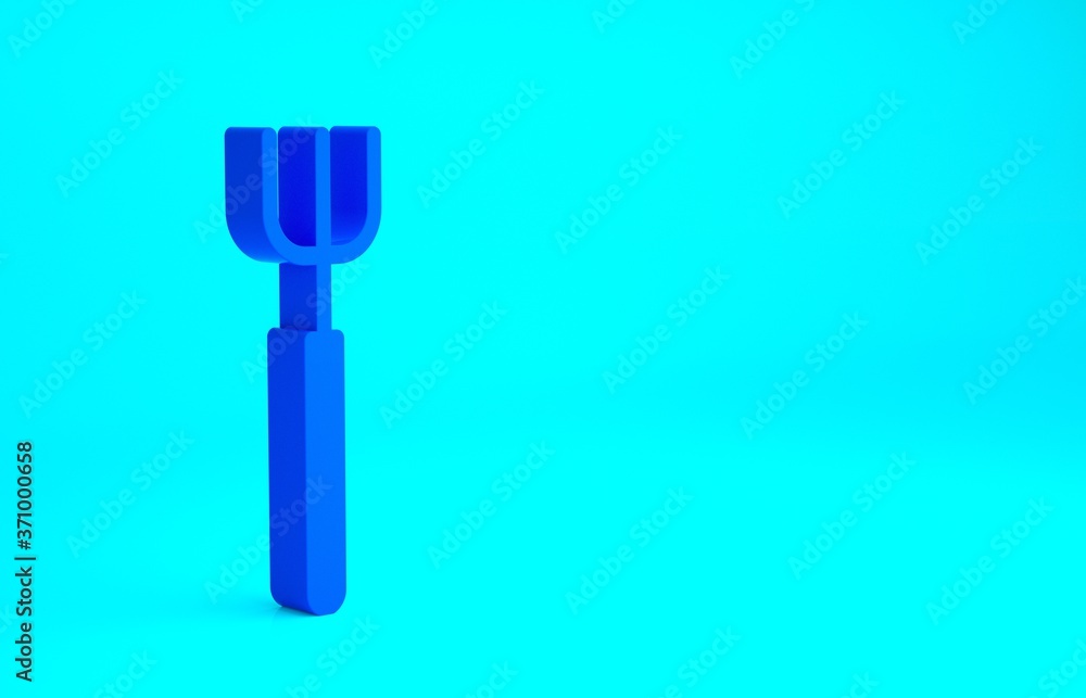 Fototapeta premium Blue Garden pitchfork icon isolated on blue background. Garden fork sign. Tool for horticulture, agriculture, farming. Minimalism concept. 3d illustration 3D render.