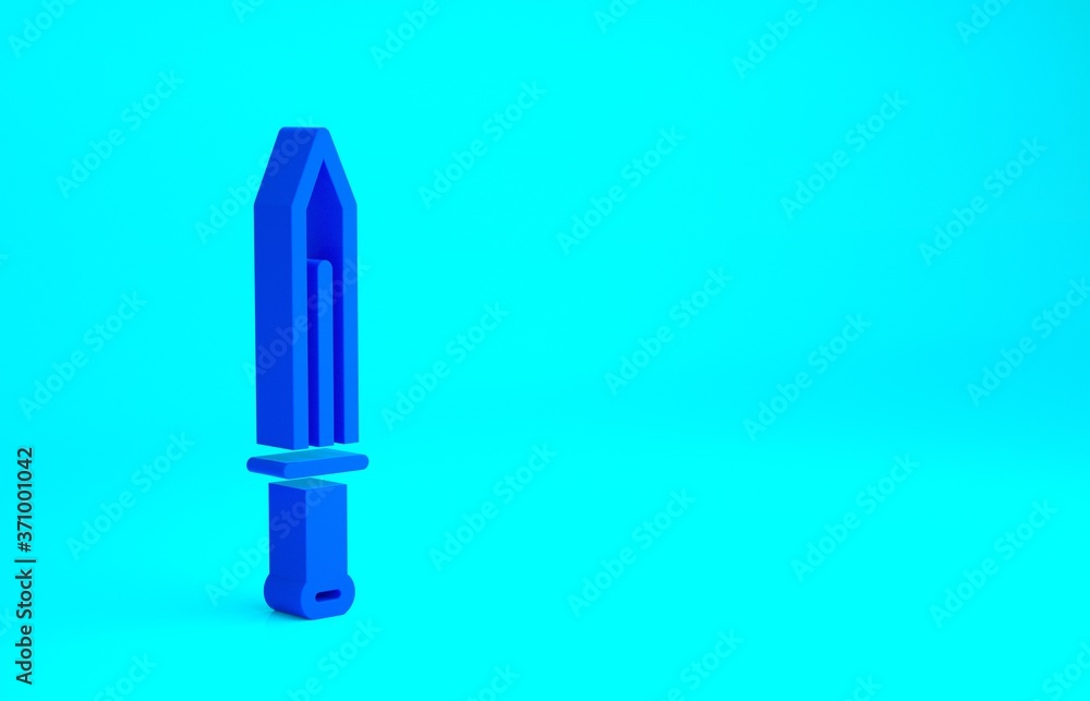 Blue Medieval sword icon isolated on blue background. Medieval weapon. Minimalism concept. 3d illustration 3D render. Blue Medieval sword icon isolated on blue background. Medieval weapon. Minimalism concept. 3d illustration 3D render.