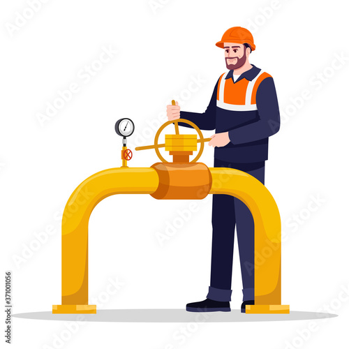 Pipeline repair semi flat RGB color vector illustration. Gasman working. Fuel production and transportation. Gas industry male worker isolated cartoon character on white background