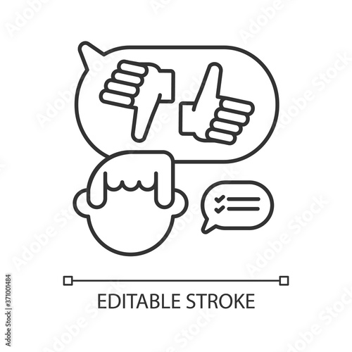 Decision making linear icon. Feedback, quality evaluation. Positive and negative rating thin line customizable illustration. Contour symbol. Vector isolated outline drawing. Editable stroke