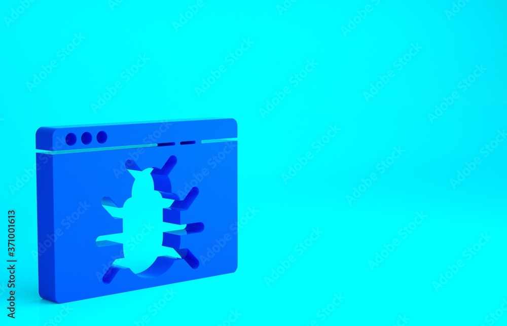 Blue System bug concept icon isolated on blue background. Code bug concept. Bug in the system. Bug searching. Minimalism concept. 3d illustration 3D render. Blue System bug concept icon isolated on blue background. Code bug concept. Bug in the system. Bug searching. Minimalism concept. 3d illustration 3D render.