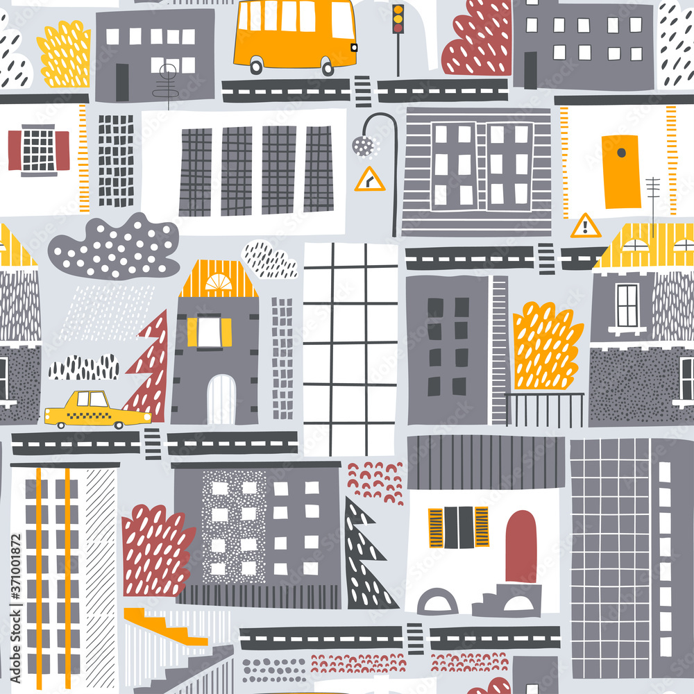 Childish seamless pattern with buildings, roads, cars and trees. Creative vector background for fabric, textile, nursery wallpaper. Gray bavkground.