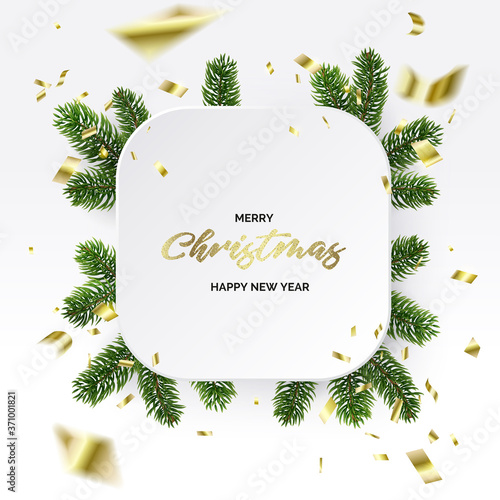 Christmas frame of the branches and fly gold foil. White xmas postcard.