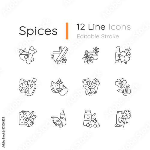 Classic spices linear icons set. Food seasoning. Cinnamon and vanilla. Mustard seeds and black pepper. Customizable thin line contour symbols. Isolated vector outline illustrations. Editable stroke