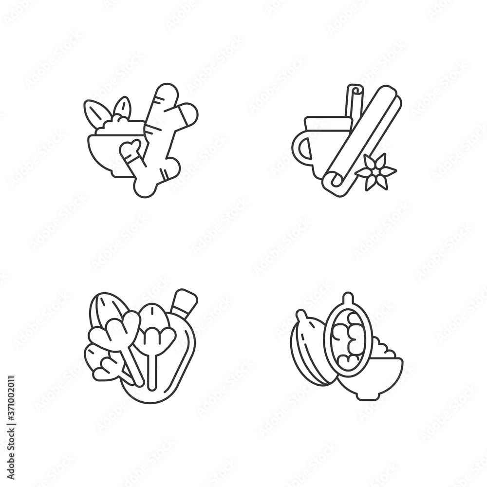 Fototapeta premium Cooking spices linear icons set. Mulled hot wine ingredients. Aromatic flavoring. Cinnamon and ginger. Clove buds. Customizable thin line contour symbols. Isolated vector outline illustrations