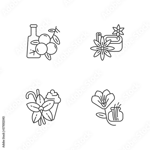 Spices linear icons set. Aromatic flavoring. Food seasoning. Cooking condiment. Star anise and vanilla sticks. Saffron. Customizable thin line contour symbols. Isolated vector outline illustrations