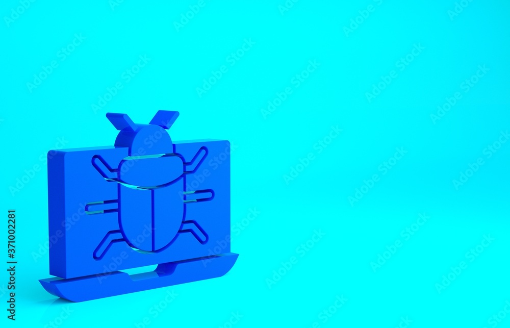 Blue System bug on monitor icon isolated on blue background. Code bug concept. Bug in the system. Bug searching. Minimalism concept. 3d illustration 3D render. Blue System bug on monitor icon isolated on blue background. Code bug concept. Bug in the system. Bug searching. Minimalism concept. 3d illustration 3D render.
