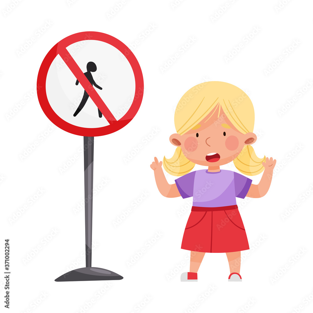 Little Girl Standing Near Road Sign Learning Traffic Rules Vector Illustration Little Girl Standing Near Road Sign Learning Traffic Rules Vector Illustration