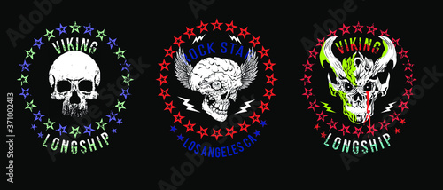Set of three illustrated skulls. Vector drawings of heads for t-shirts or posters.