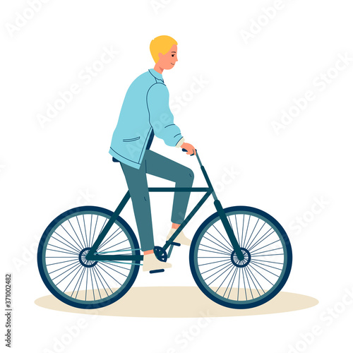 Young man riding bike cartoon male character, flat vector illustration isolated.