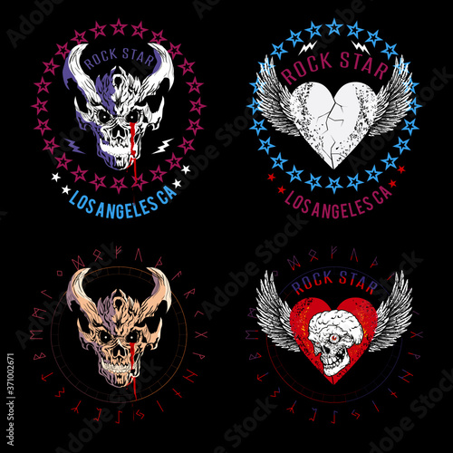 Set of four illustrated skulls. Vector drawings of heads for t-shirts or posters.