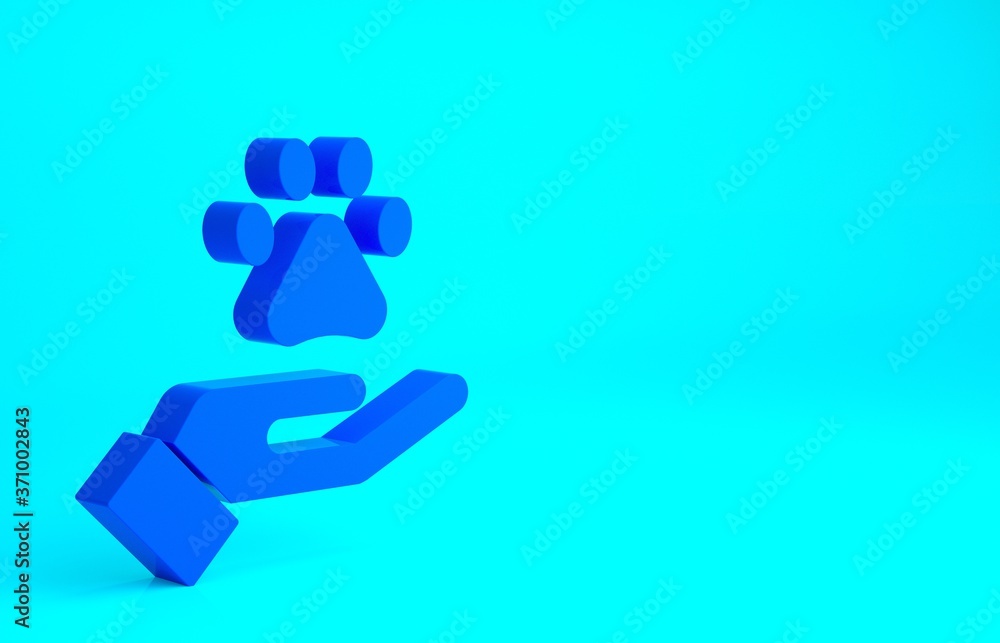 Blue Hands with animals footprint icon isolated on blue background. Pet paw in heart. Love to the animals. Minimalism concept. 3d illustration 3D render. Blue Hands with animals footprint icon isolated on blue background. Pet paw in heart. Love to the animals. Minimalism concept. 3d illustration 3D render.