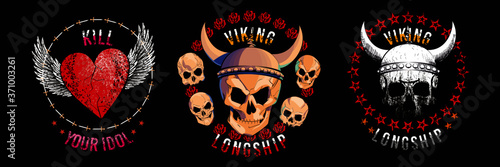 Set of three illustrated skulls. Vector drawings of heads for t-shirts or posters.