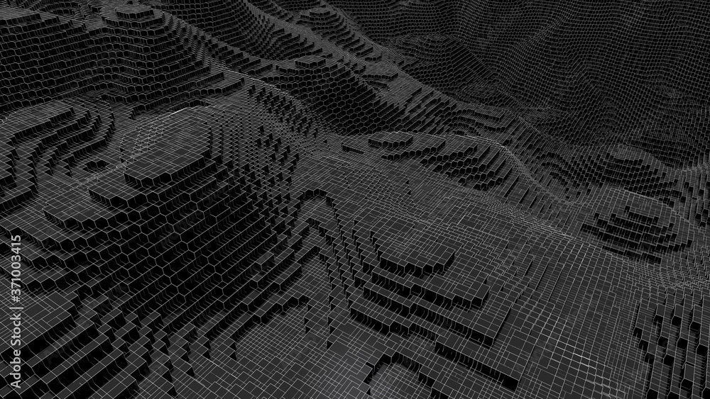 3D Topographic map background concept. abstract box geography concept. 3d wireframe landscape wire background. 3d rendering 3D Topographic map background concept. abstract box geography concept. 3d wireframe landscape wire background. 3d rendering
