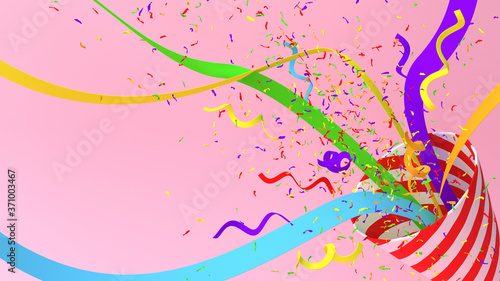 party popper with colored confetti on pink background . Colorful paper shoot. Celebration concept. 3d rendering