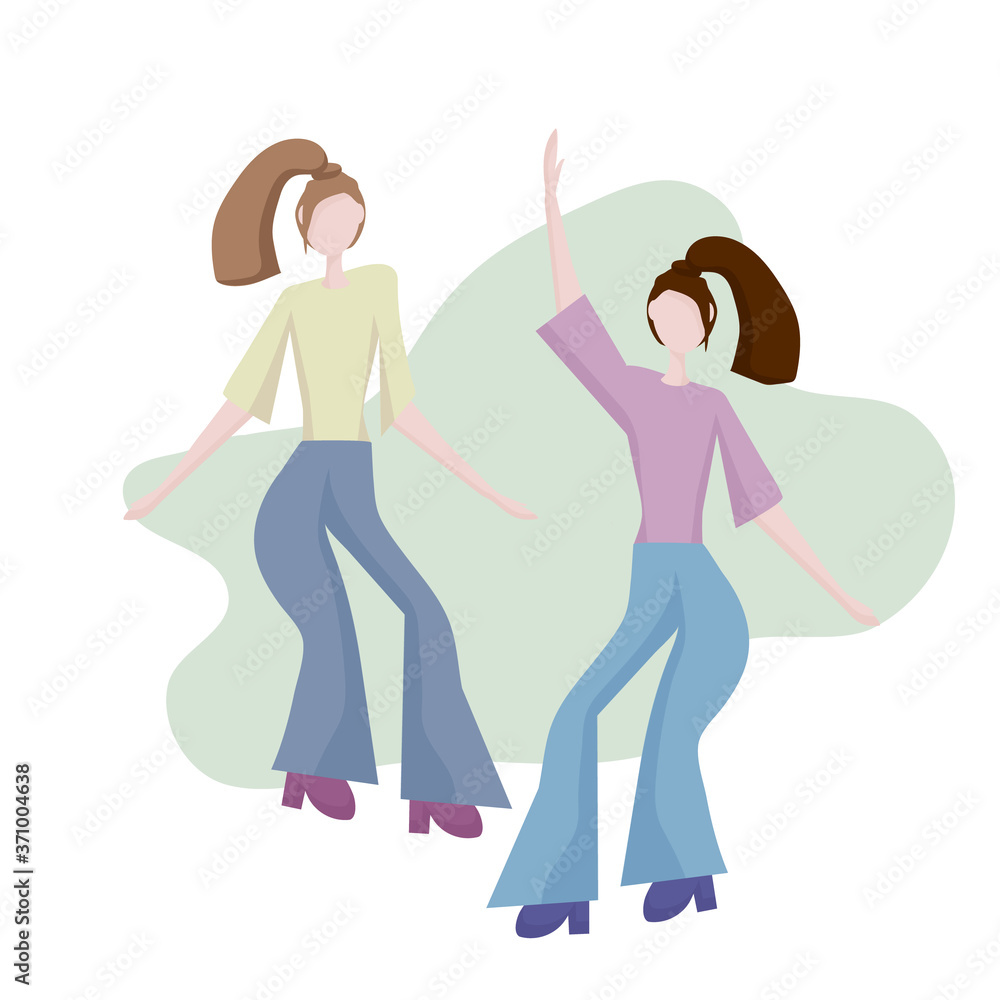Two modern young girls dancing. Dance moves, fun and entertainment. Women's friendship and shared leisure, party. Concept for a banner, website design or target web page. Two modern young girls dancing. Dance moves, fun and entertainment. Women's friendship and shared leisure, party. Concept for a banner, website design or target web page.