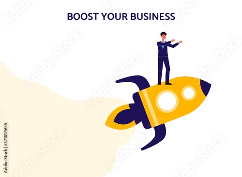 Boost your business - flat isolated banner with businessman flying on rocket.
