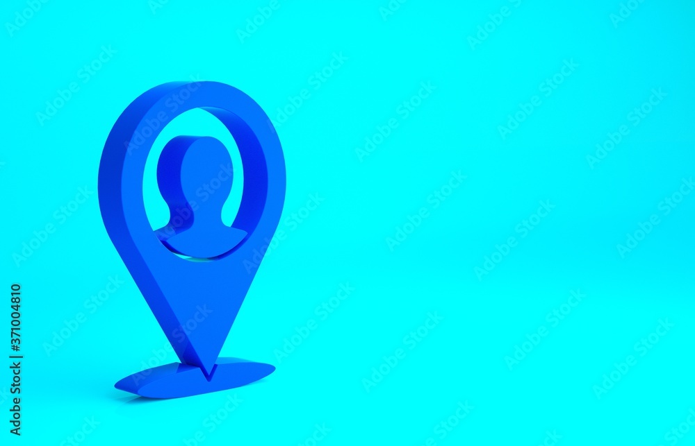 Blue Map marker with a silhouette of a person icon isolated on blue background. GPS location symbol. Minimalism concept. 3d illustration 3D render. Blue Map marker with a silhouette of a person icon isolated on blue background. GPS location symbol. Minimalism concept. 3d illustration 3D render.