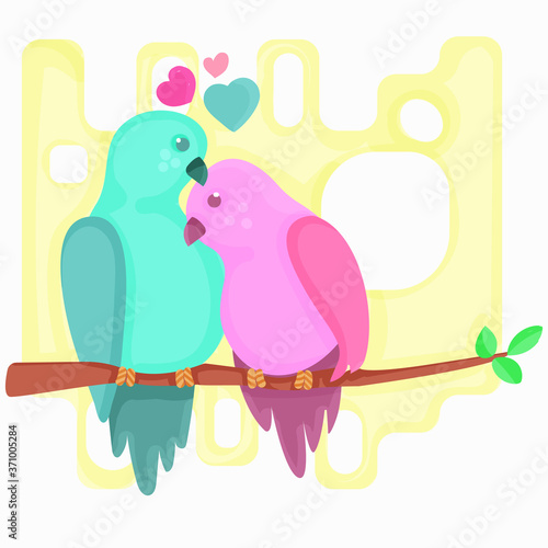 Beautiful birds in love.Illustration of cartoon birds on branch