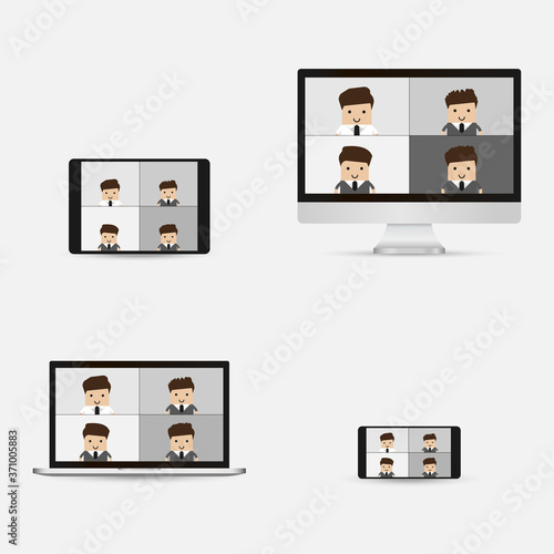 Video conference. People group on computer screen taking with colleague. Video conferencing and online communication vector concept. Illustration of communication screen conference, videoconferencing