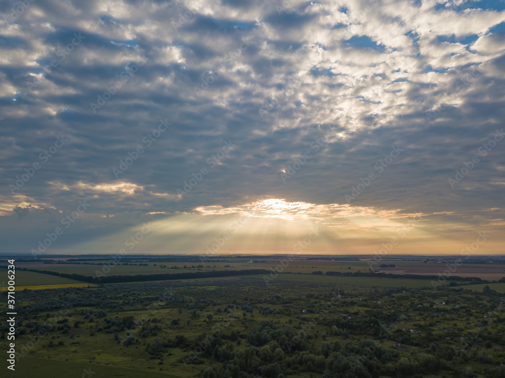 Aerial view. Sunset over Ukrainian agricultural fields. Aerial view. Sunset over Ukrainian agricultural fields.
