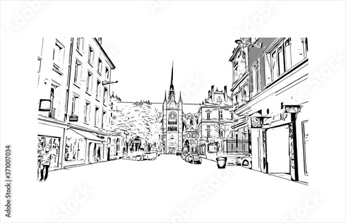 Building view with landmark of Amiens is a city in northern France, divided by the Somme river. Hand drawn sketch illustration in vector.
