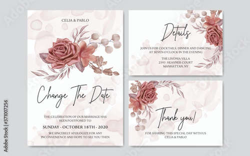 Elegant postponed wedding card with watercolor floral bouquet