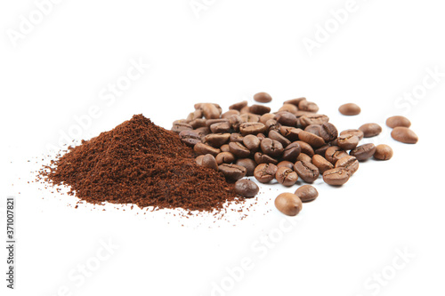 coffee beans and freshly ground coffee isolated on white
