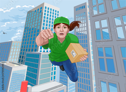 Delivery courier superhero woman essential worker flying comic book super hero delivering a package.