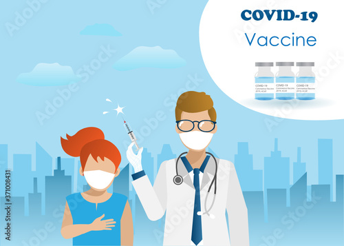 World hope for COVID-19 coronavirus vaccine concept. Doctor wearing face mask holding glass syringe fill with COVID-19 vaccine injecting to little kid girl, city building background. Vector.