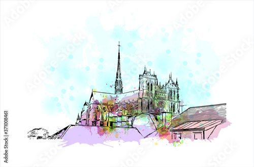 Building view with landmark of Amiens is a city in northern France, divided by the Somme river. Watercolor splash with hand drawn sketch illustration in vector.