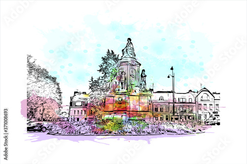 Building view with landmark of Amiens is a city in northern France, divided by the Somme river. Watercolor splash with hand drawn sketch illustration in vector.