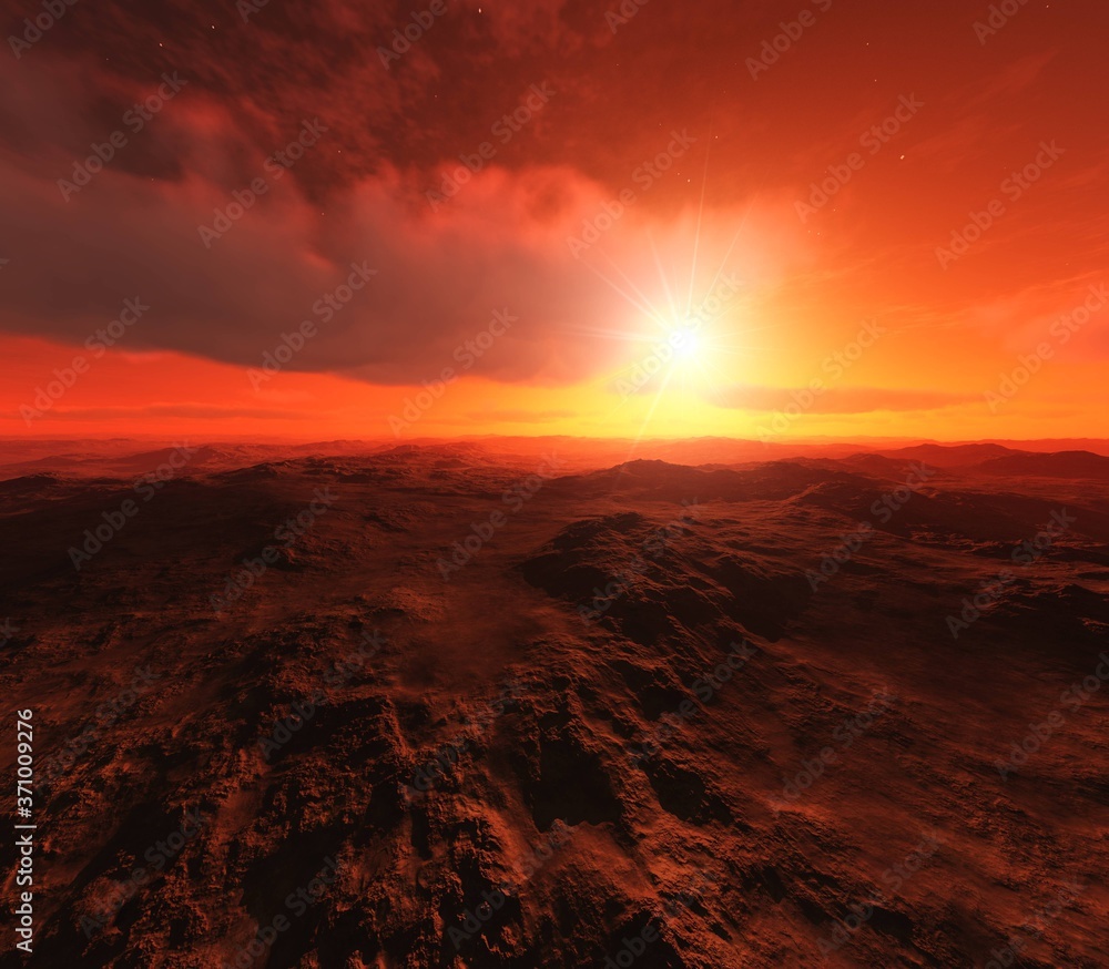 Alien landscape, Beautiful martian landscape at sunset, alien panorama, 3D rendering