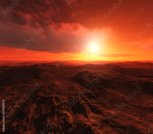 Alien landscape, Beautiful martian landscape at sunset, alien panorama, 3D rendering