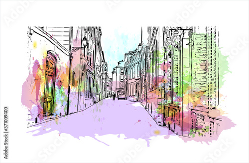 Building view with landmark of Amiens is a city in northern France, divided by the Somme river. Watercolor splash with hand drawn sketch illustration in vector.