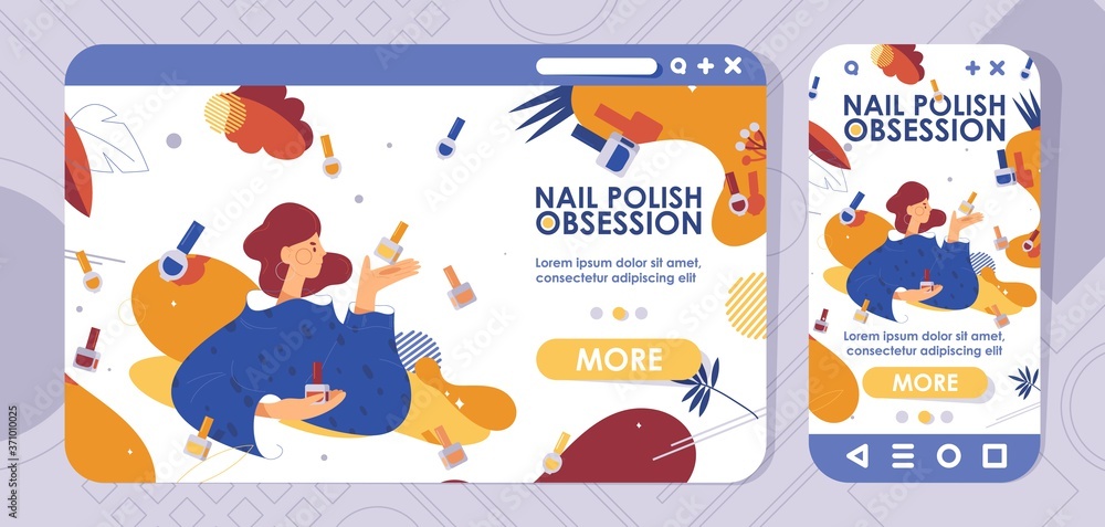 Landing page cross-platform design nail polish choice obsession. Banners or website headers for mobile and desktop browser in vibrant colors