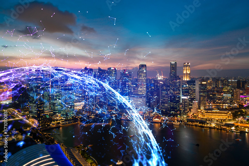 Photography Hologram of abstract technology glowing icons, panoramic cityscape of Singapore at sunset, Asia