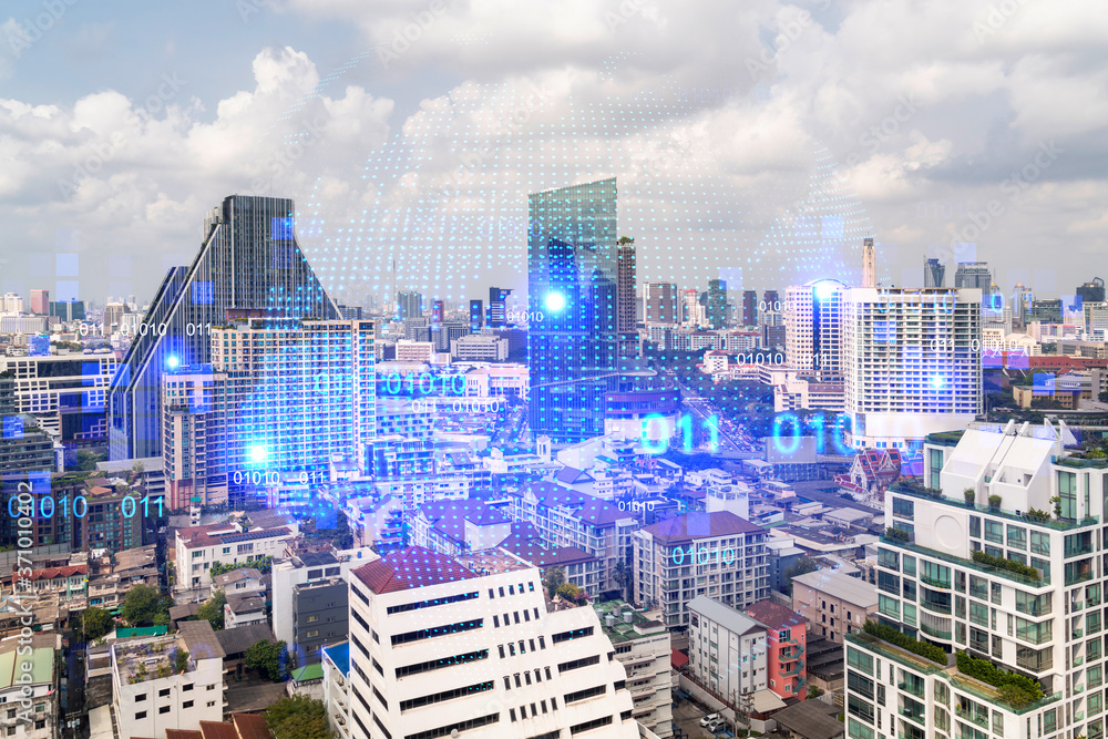 Naklejka premium World planet Earth map hologram over panorama city view of Bangkok, Asia. The concept of international connections and business. Multi Exposure.