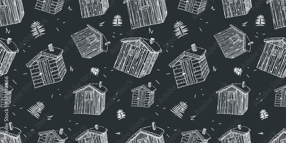 scandinavian houses with grass on the roof seamless pattern on black background white border lines
