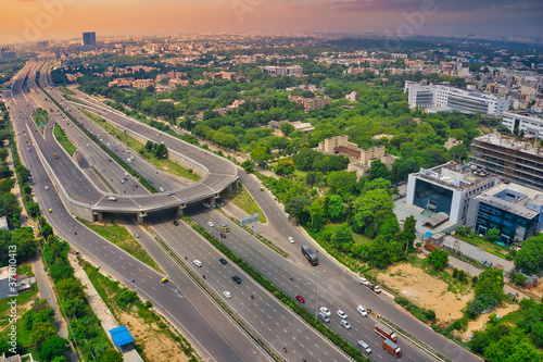 Down aerial view of empty roads near, Gurgaon city