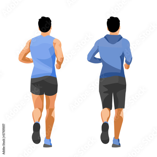 A person trains  in seasonal sport wear from the back (two figures)