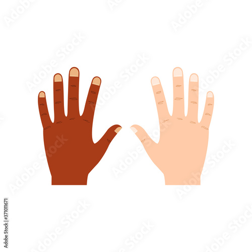 Black and white human hands together illustration. Combating racism concept. Friendship and respect poster vector isolated on white. 