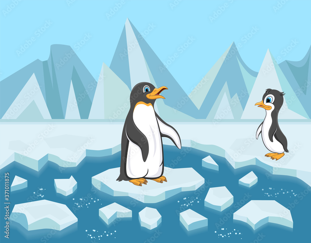 Obraz premium Cartoon penguins on ice floes. Baby penguin and its mother.