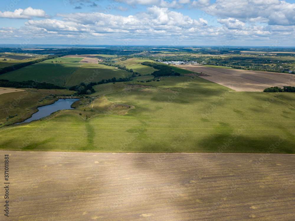 Aerial drone view of Ukrainian agricultural fields.